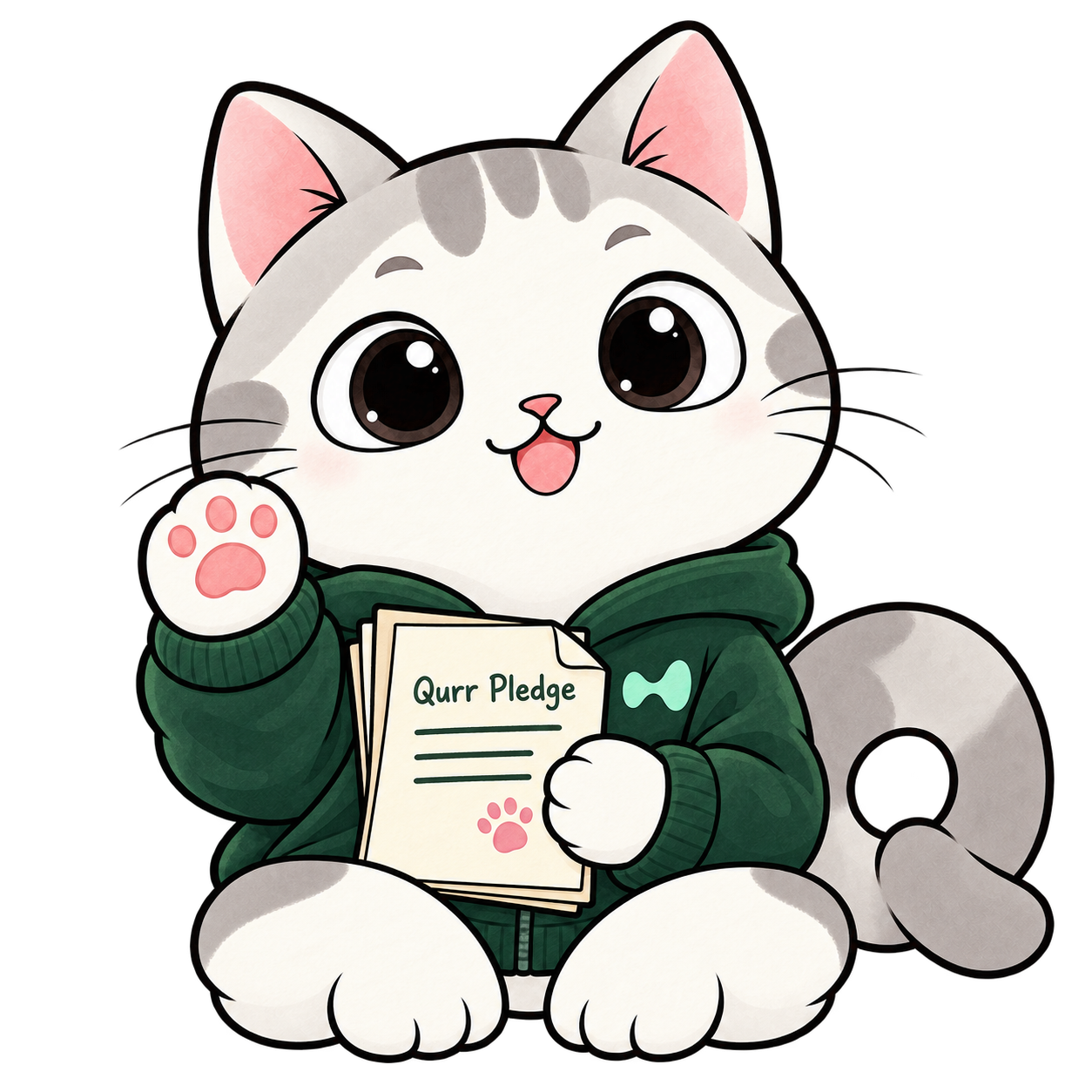 Qurr holds the Qurr Pledge papers and raises a pink paw to make an oath, wearing a forest-green hoodie